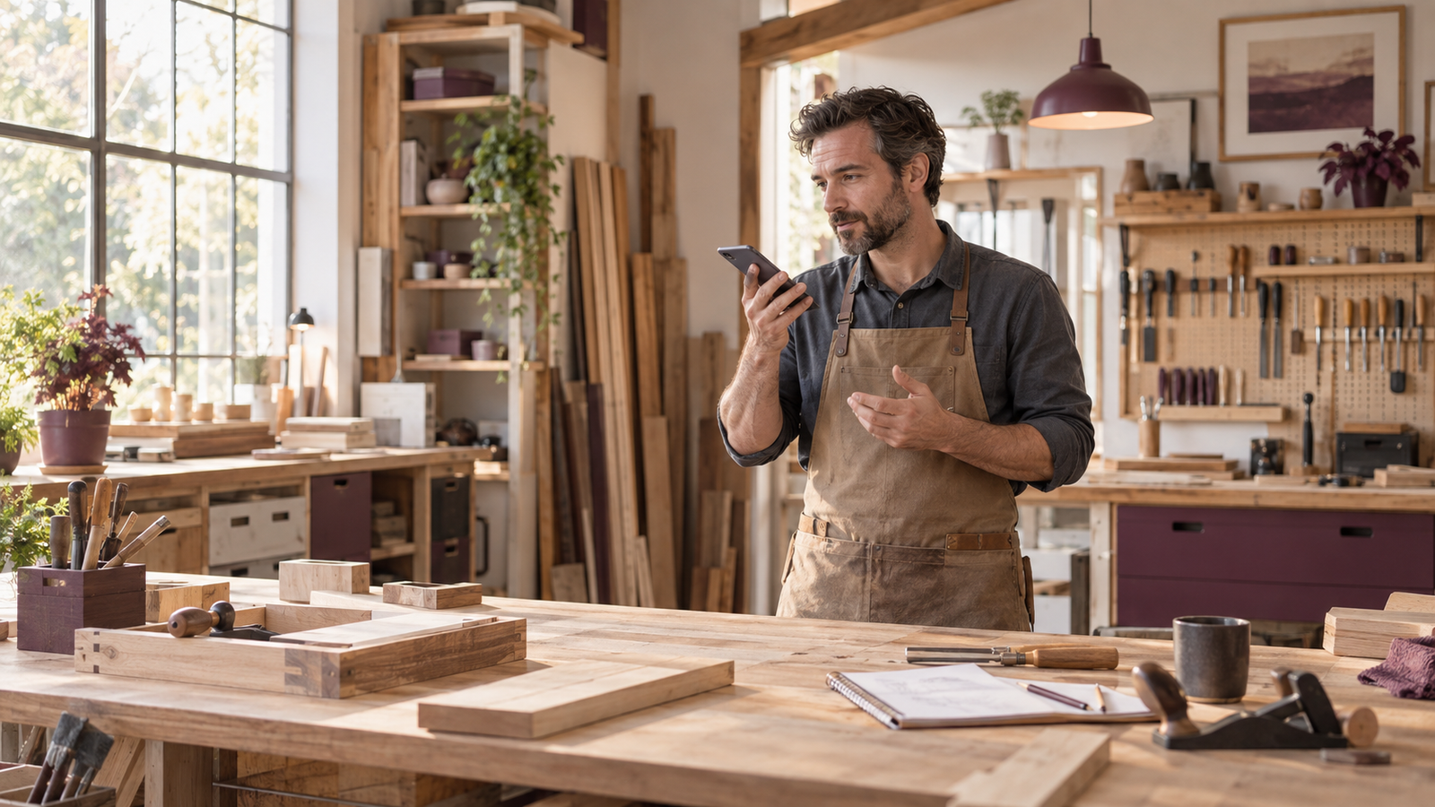 Artisan dictant les informations d'un devis dans son atelier
