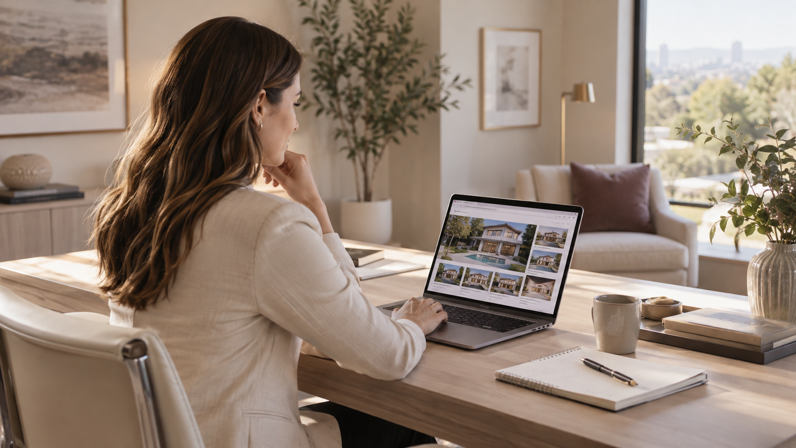 Agente immobilière consultant des annonces de biens sur ordinateur portable